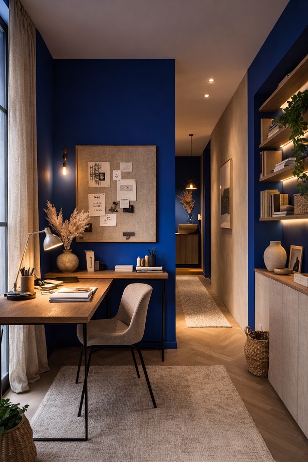 Bleu Majorelle et teinte beige / lin dans un couloir