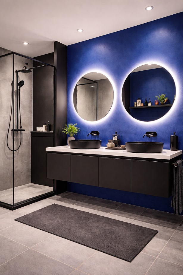 Bleu Majorelle et Noir dans une salle de bains moderne