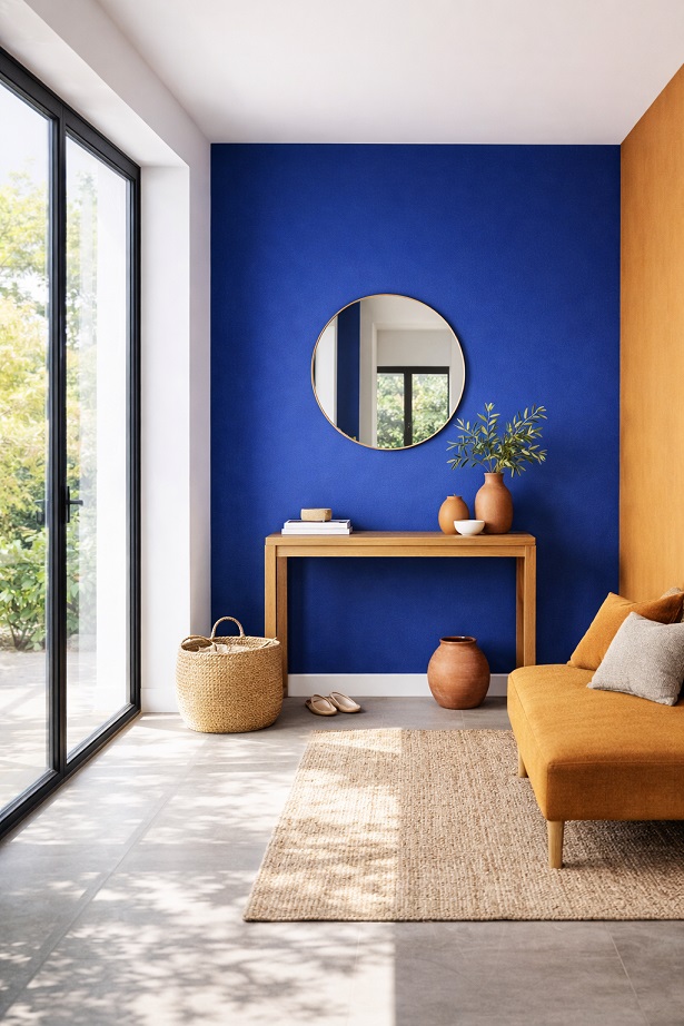 Bleu Majorelle et Ore dans une entrée lumineuse