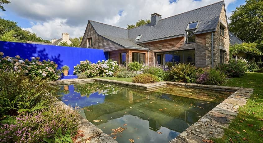Des plantes vertes devant un mur bleu majorelle