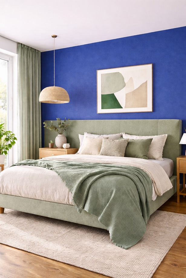 Bleu Majorelle et Vert Sauge dans une chambre